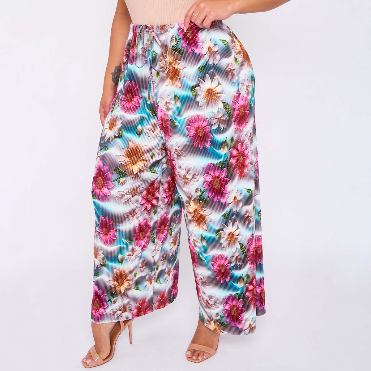 Vibrant Floral Print Abstract Wide-Leg Drawstring Palazzo Pleated Pants