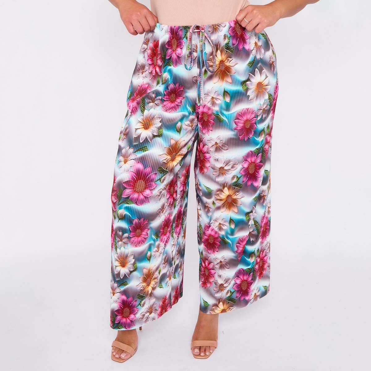 Vibrant Floral Print Abstract Wide-Leg Drawstring Palazzo Pleated Pants