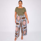Vintage Abstract Print Wide-Leg Drawstring Palazzo Pleated Pants