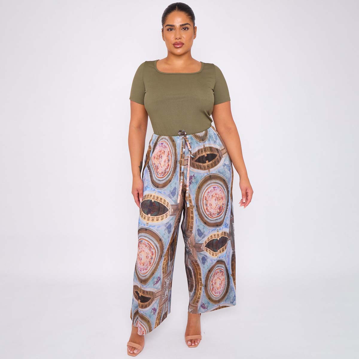 Vintage Abstract Print Wide-Leg Drawstring Palazzo Pleated Pants