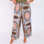 Vintage Abstract Print Wide-Leg Drawstring Palazzo Pleated Pants