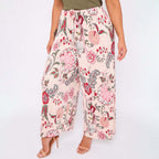 Pink Flower Abstract Print Wide-Leg Drawstring Palazzo Pleated Pants