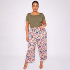 Colorful Florals Abstract Print Wide-Leg Drawstring Palazzo Pleated Pants