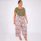 Colorful Florals Abstract Print Wide-Leg Drawstring Palazzo Pleated Pants
