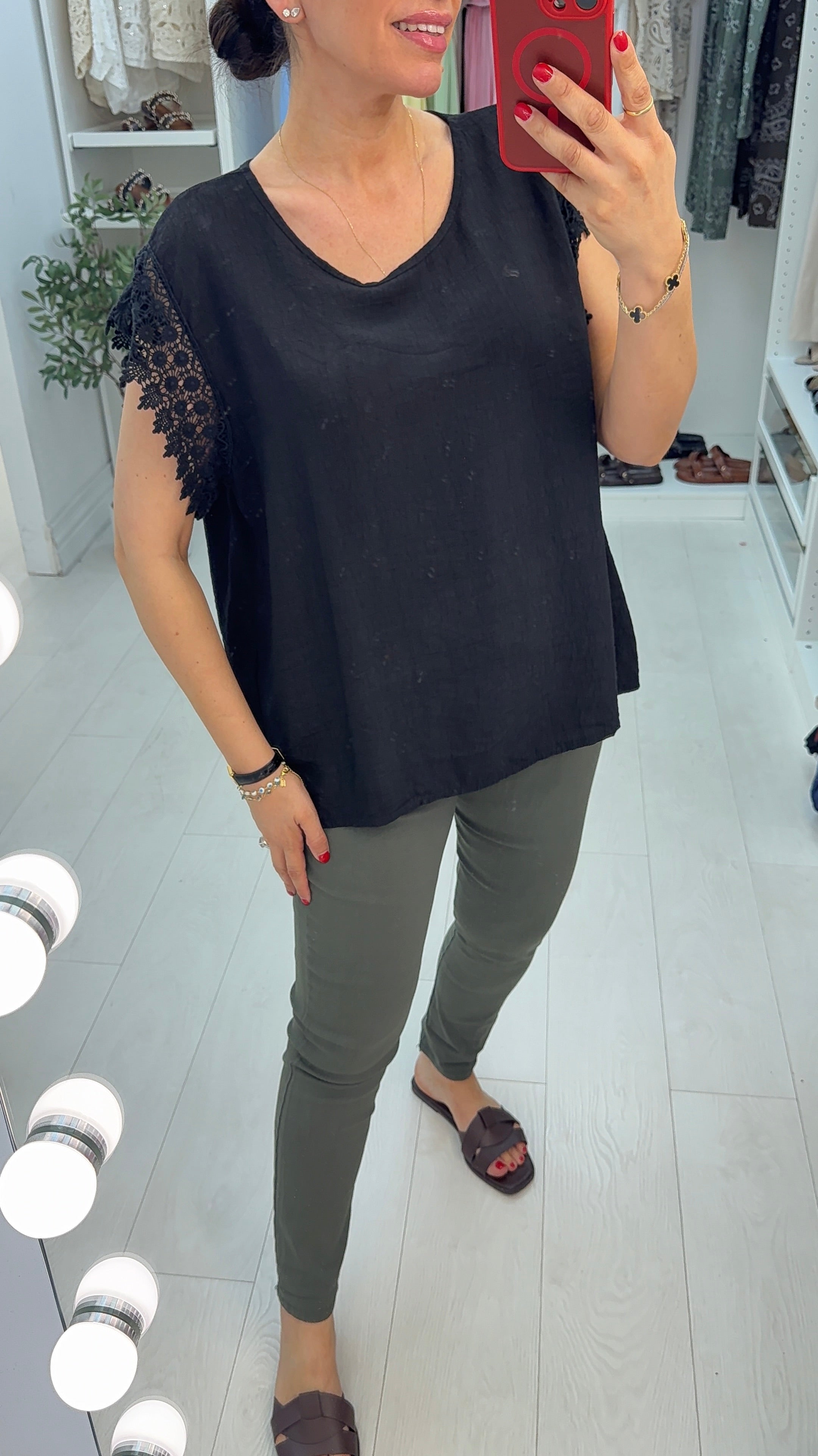 Isabela Plain Crochet Sleeve Detailed T-Shirt