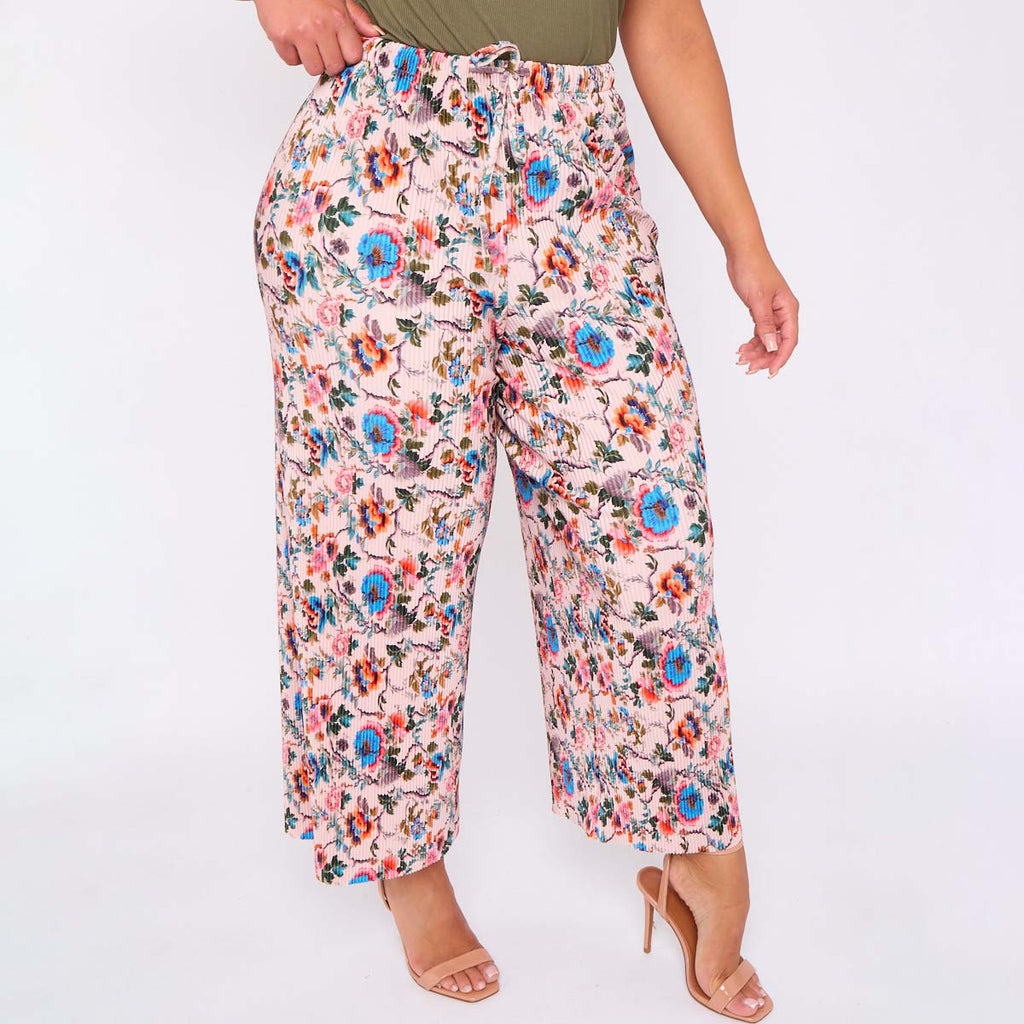 Colorful Florals Abstract Print Wide-Leg Drawstring Palazzo Pleated Pants