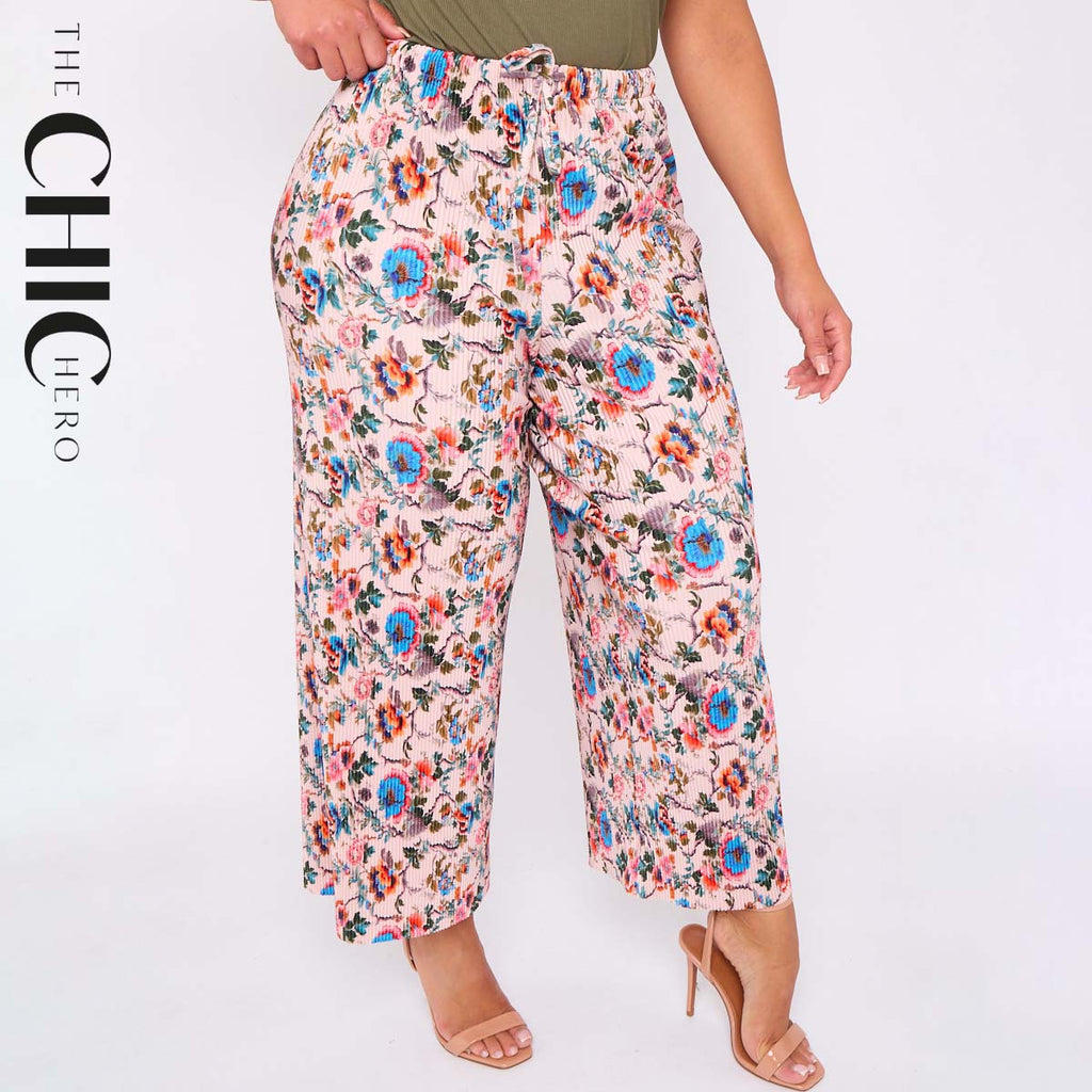 Colorful Florals Abstract Print Wide-Leg Drawstring Palazzo Pleated Pants