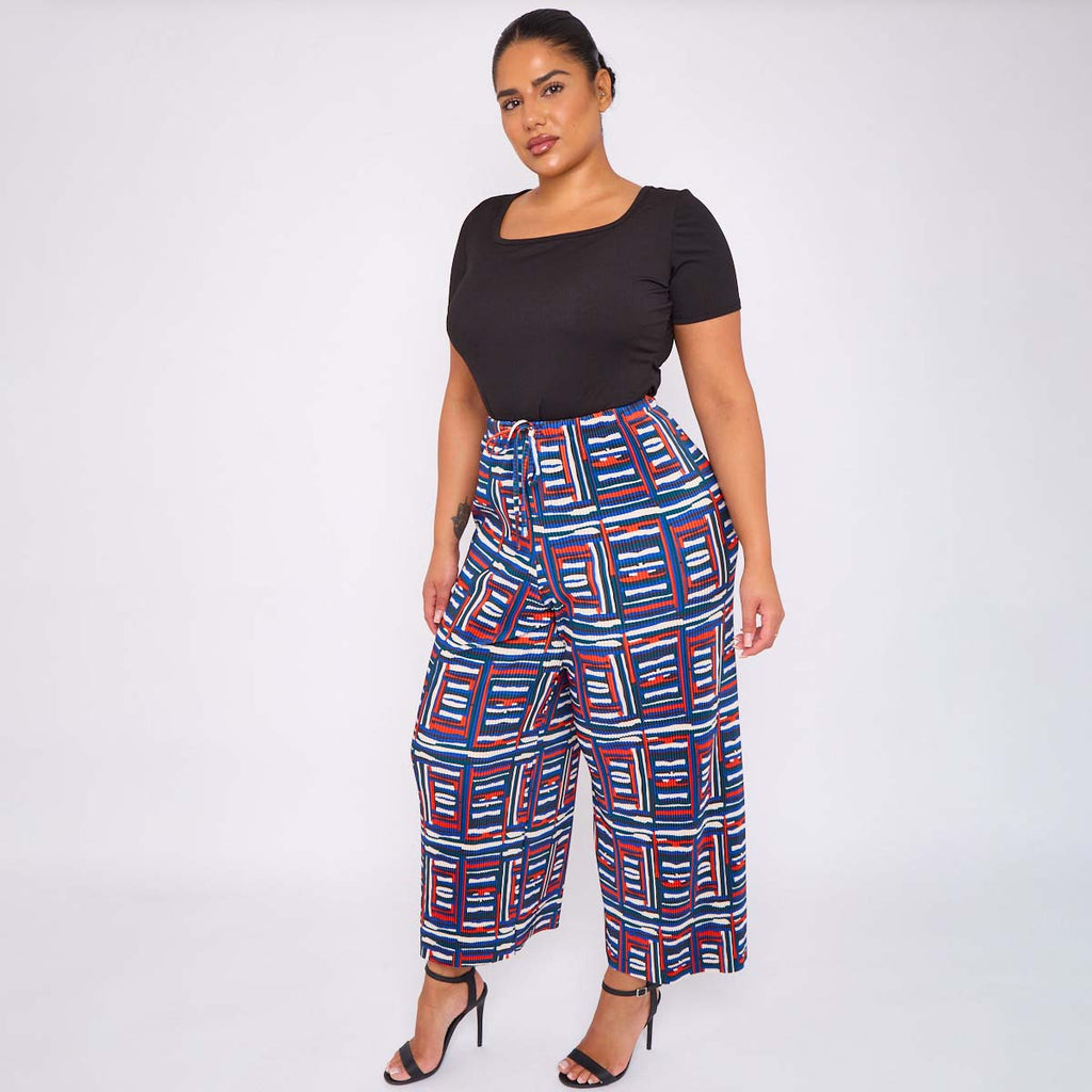 Square Pattern Blue Abstract Print Wide-Leg Drawstring Palazzo Pleated Pants
