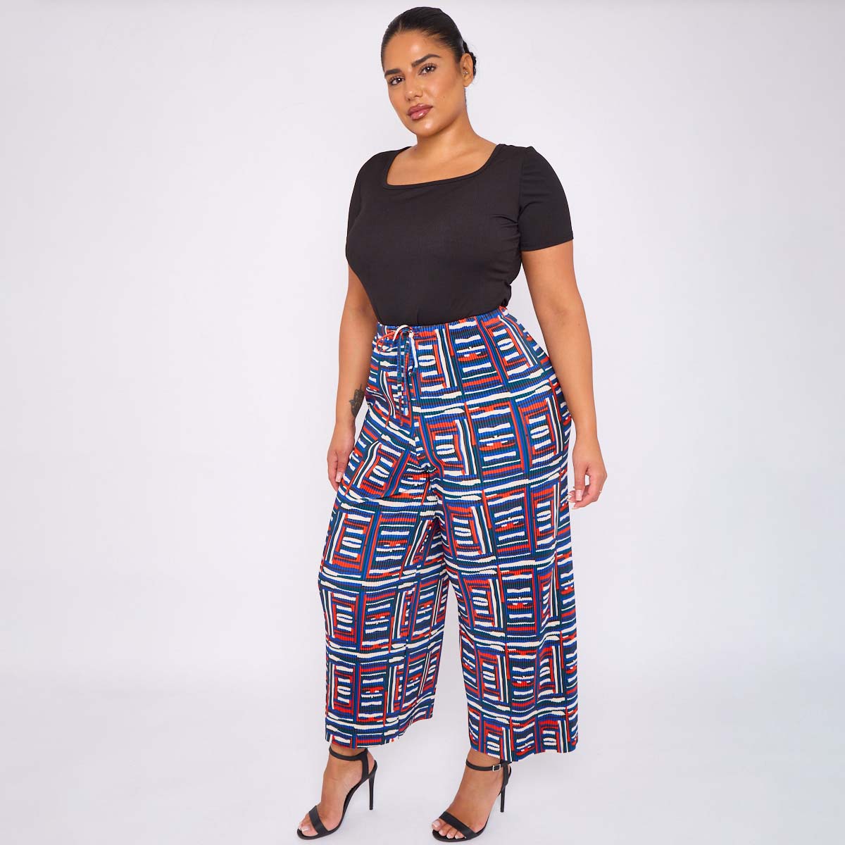 Square Pattern Blue Abstract Print Wide-Leg Drawstring Palazzo Pleated Pants
