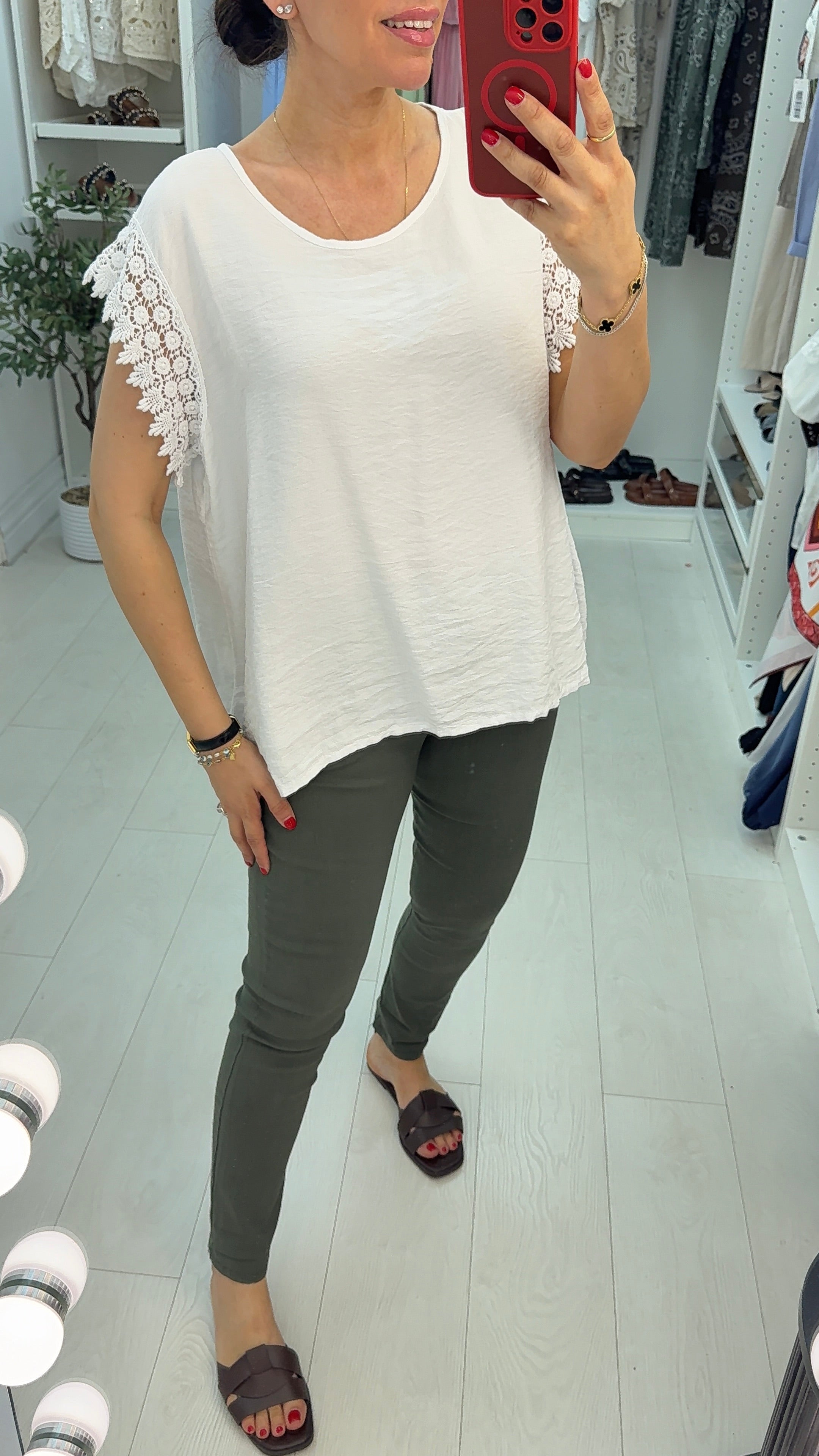 Isabela Plain Crochet Sleeve Detailed T-Shirt