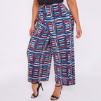 Square Pattern Blue Abstract Print Wide-Leg Drawstring Palazzo Pleated Pants