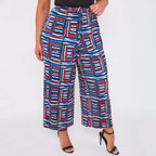 Square Pattern Blue Abstract Print Wide-Leg Drawstring Palazzo Pleated Pants