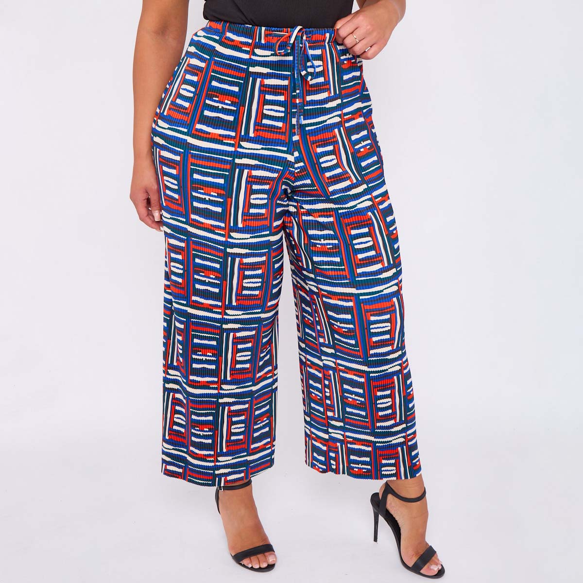 Square Pattern Blue Abstract Print Wide-Leg Drawstring Palazzo Pleated Pants
