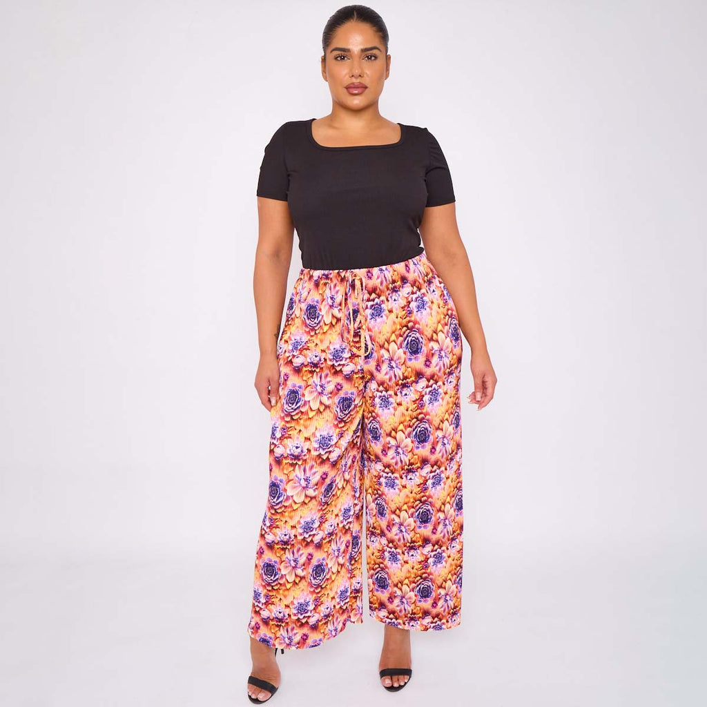 Multicolor Bloom Print Abstract Wide-Leg Drawstring Palazzo Pleated Pants