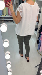 Isabela Plain Crochet Sleeve Detailed T-Shirt