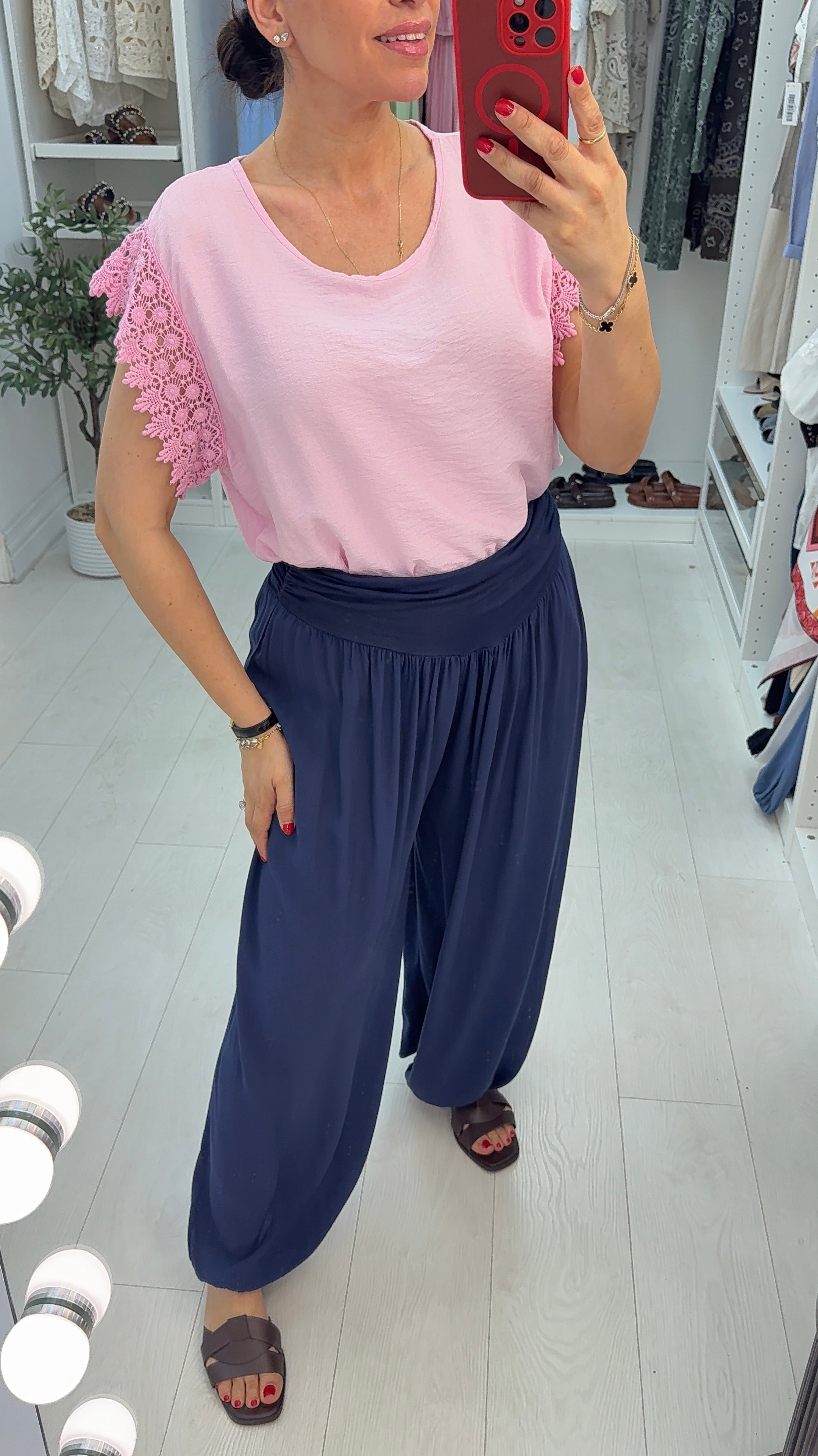 Isabela Plain Crochet Sleeve Detailed T-Shirt