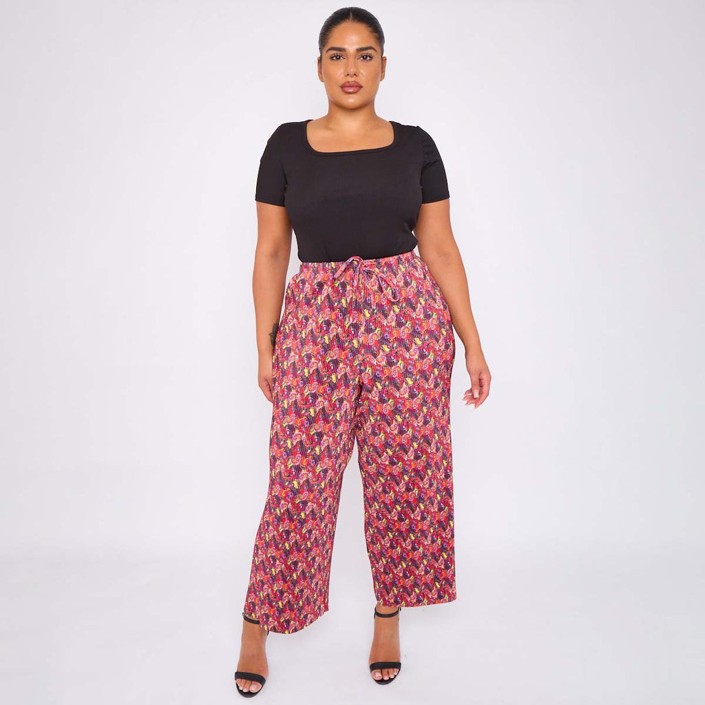 Red Abstract Wide-Leg Drawstring Palazzo Pleated Pants
