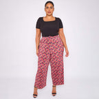 Red Abstract Wide-Leg Drawstring Palazzo Pleated Pants