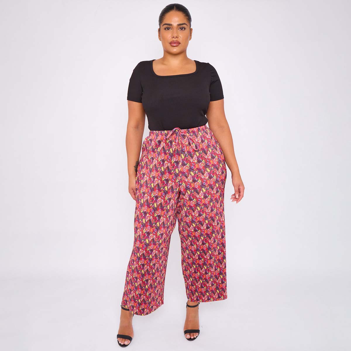 Red Abstract Wide-Leg Drawstring Palazzo Pleated Pants