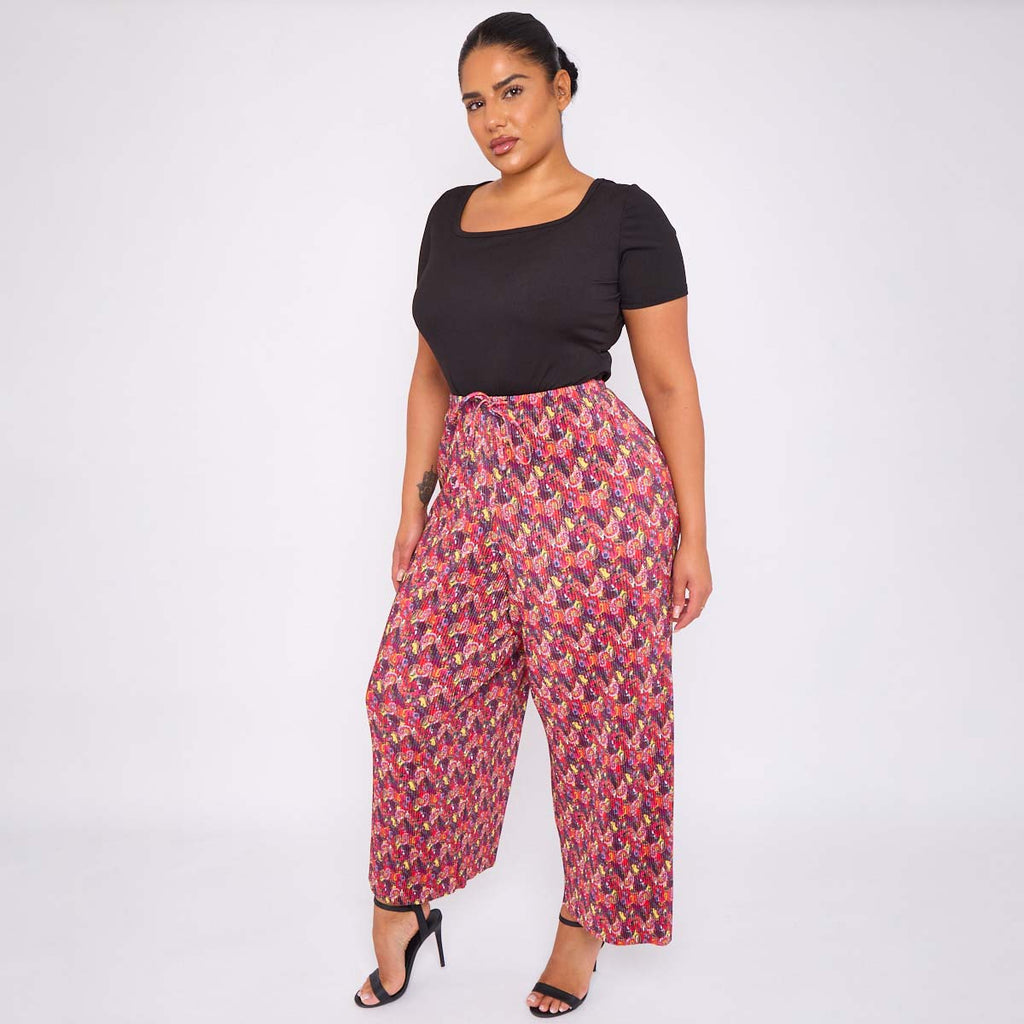 Red Abstract Wide-Leg Drawstring Palazzo Pleated Pants