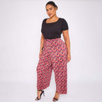Red Abstract Wide-Leg Drawstring Palazzo Pleated Pants