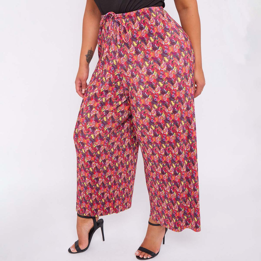 Red Abstract Wide-Leg Drawstring Palazzo Pleated Pants