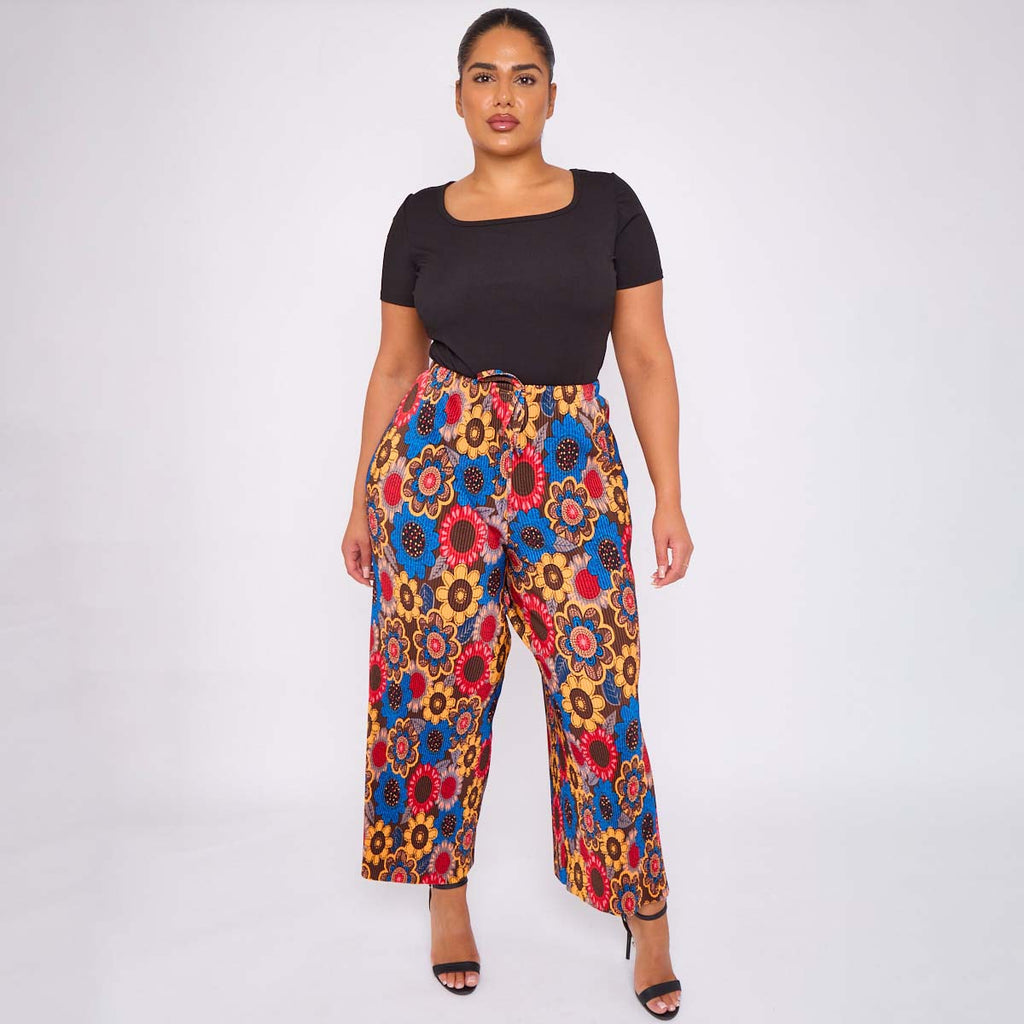 Sunflower Print Abstract Wide-Leg Drawstring Palazzo Pleated Pants