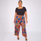 Sunflower Print Abstract Wide-Leg Drawstring Palazzo Pleated Pants