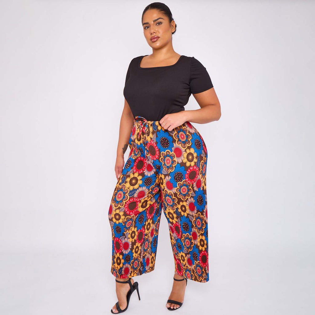 Sunflower Print Abstract Wide-Leg Drawstring Palazzo Pleated Pants