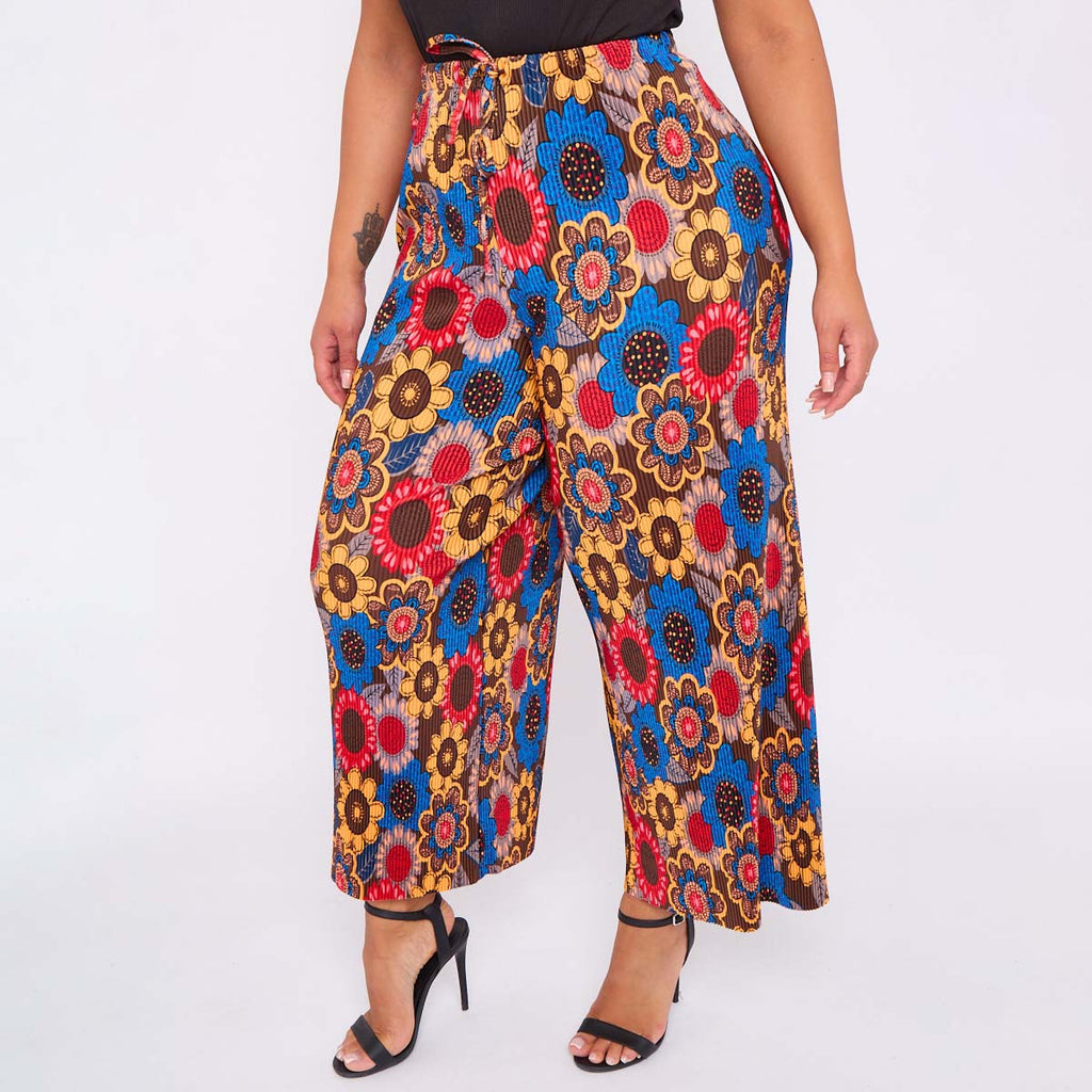 Sunflower Print Abstract Wide-Leg Drawstring Palazzo Pleated Pants