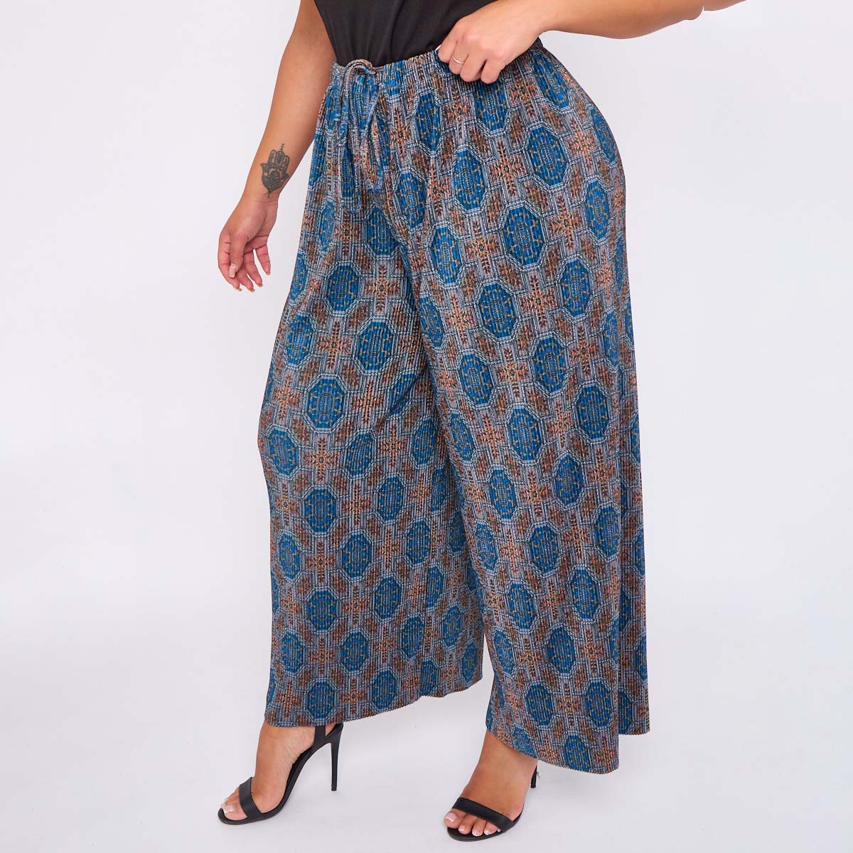 Blue Geometric Patterns Abstract Print Wide-Leg Drawstring Pants Palazzo Pleated Pants