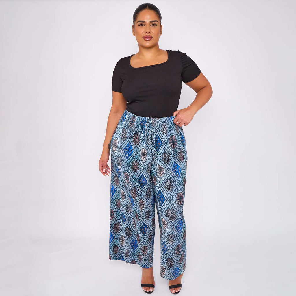 Geometric Patterns Abstract Print Wide-Leg Drawstring Pants Palazzo Pleated Pants