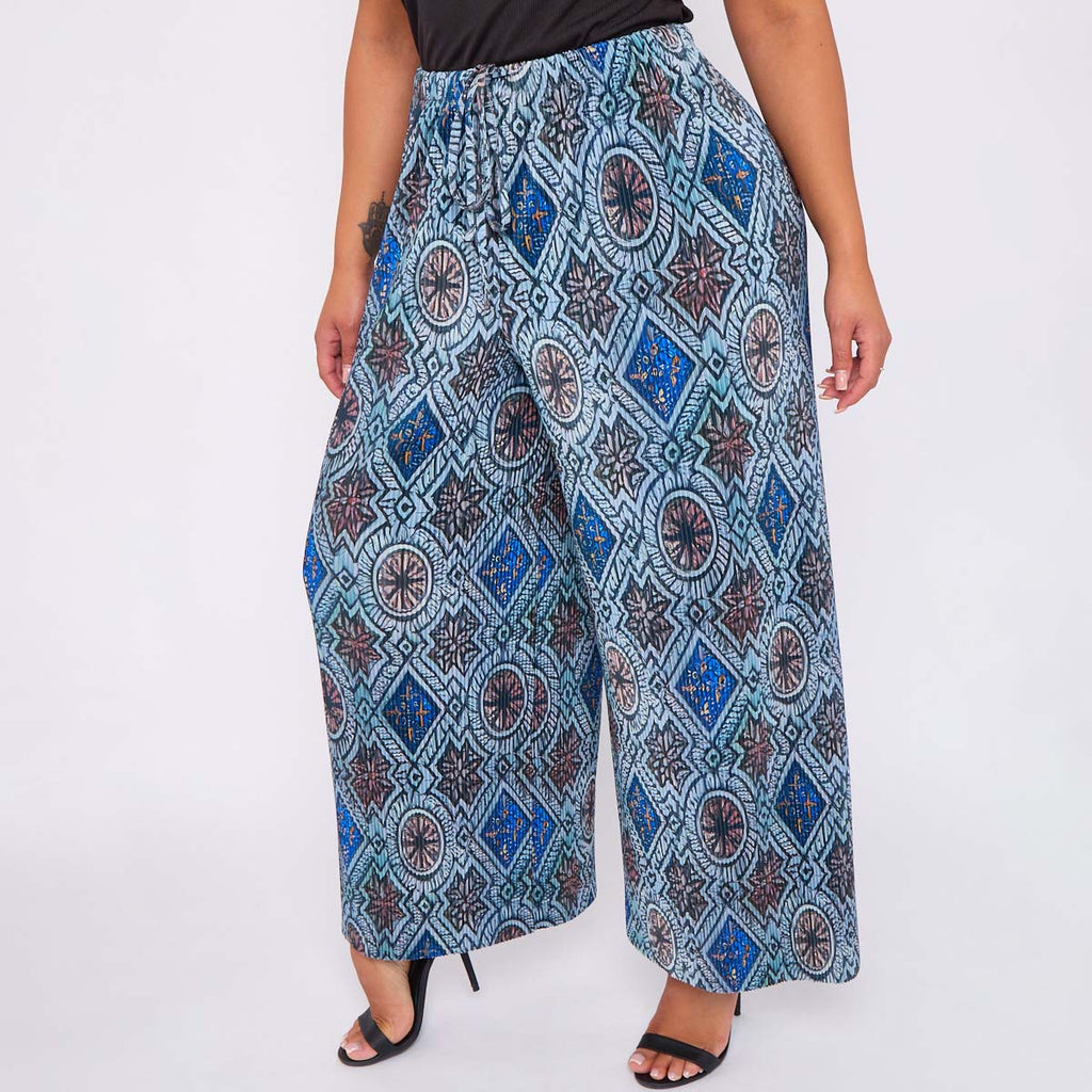 Geometric Patterns Abstract Print Wide-Leg Drawstring Pants Palazzo Pleated Pants