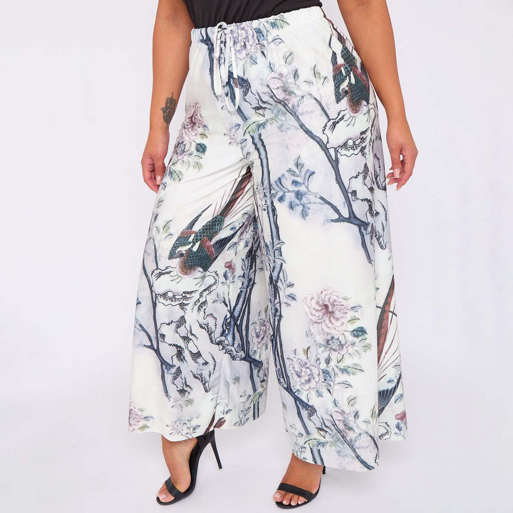 Bird Chinese style Abstract Print Wide-Leg Drawstring Pants Palazzo Pleated Pants