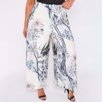Bird Chinese style Abstract Print Wide-Leg Drawstring Pants Palazzo Pleated Pants