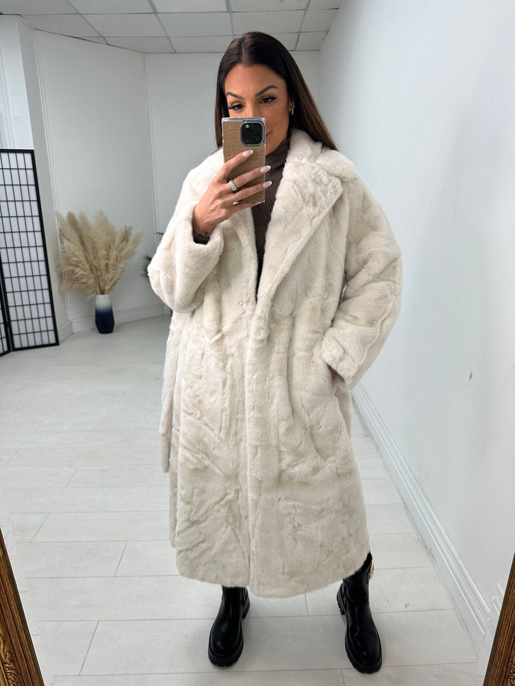 Michelle Faux Fur Belted Long Coat