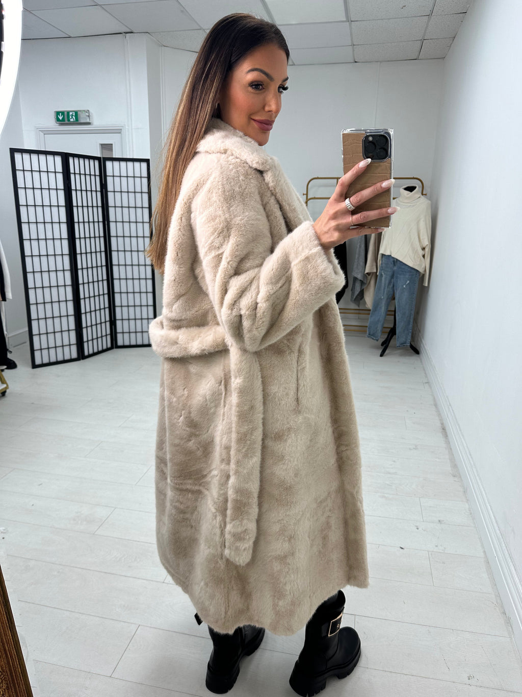 Michelle Faux Fur Belted Long Coat
