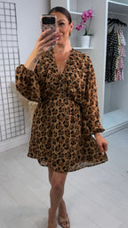 Temia Leopard Print V Neck Shirred Waist Dress