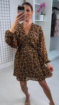 Temia Leopard Print V Neck Shirred Waist Dress