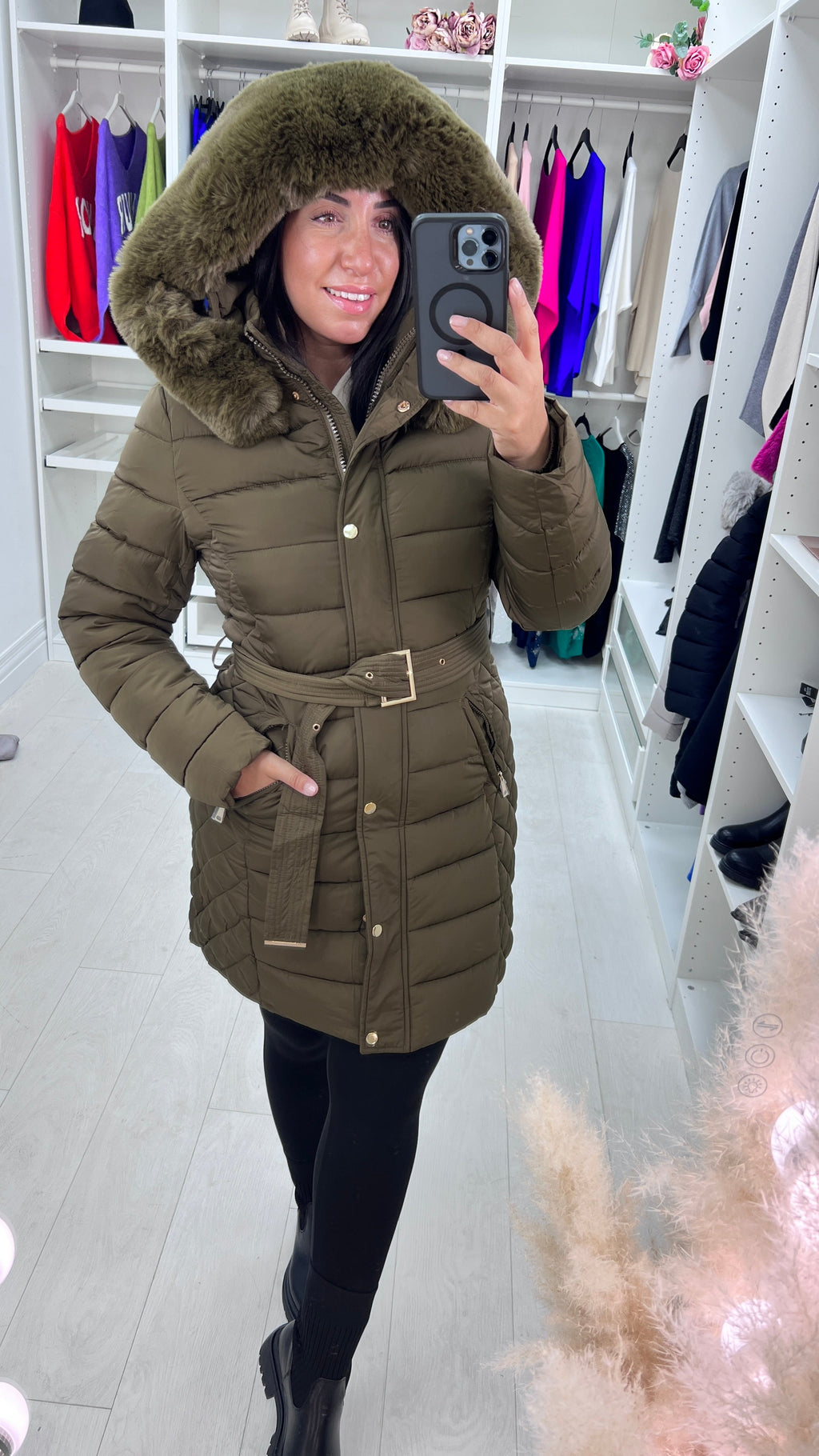 Adalee Khaki Faux Fur Hood Coat