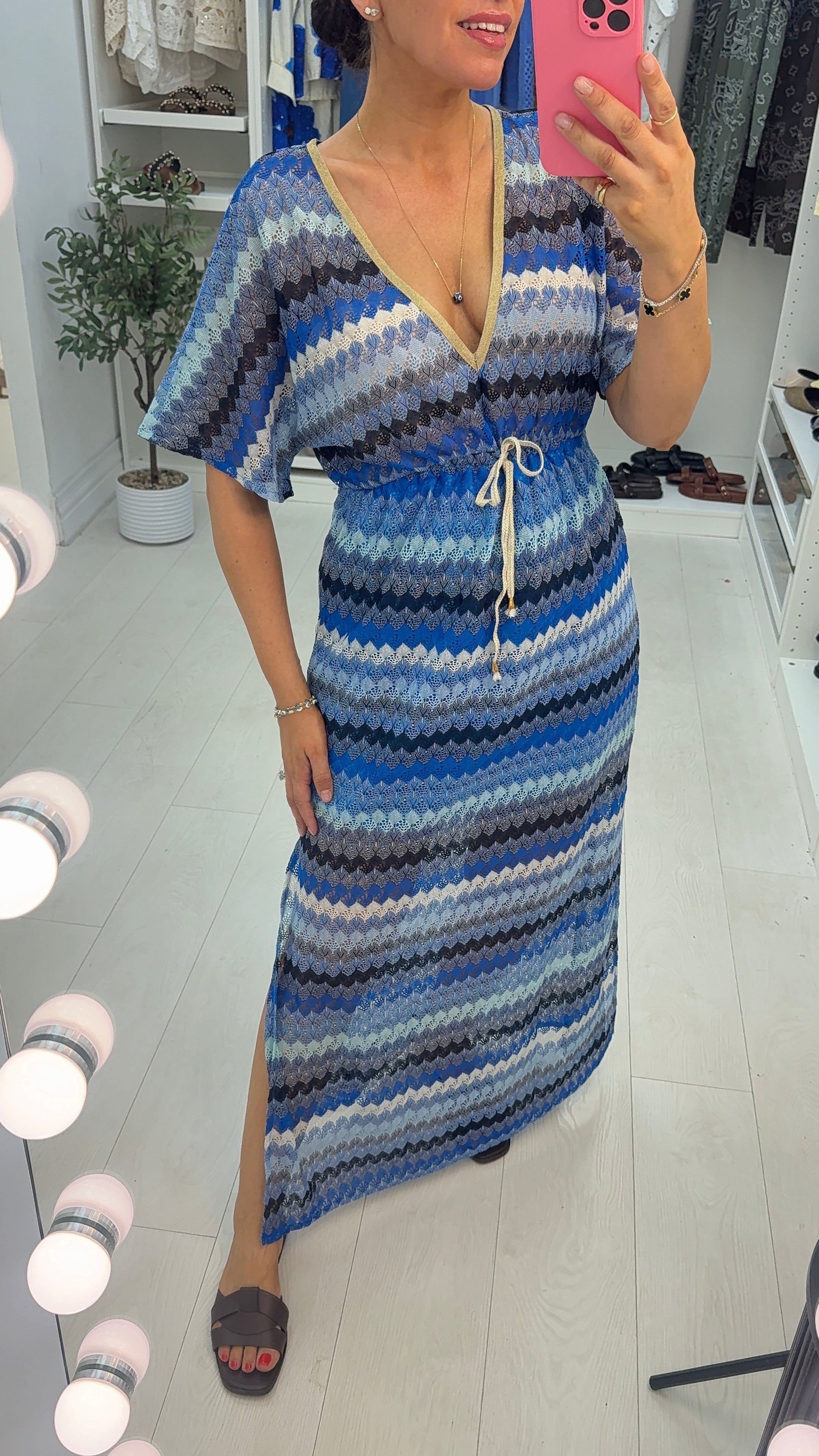 Yvonna V Neck Drawstring Waist Crochet Dress
