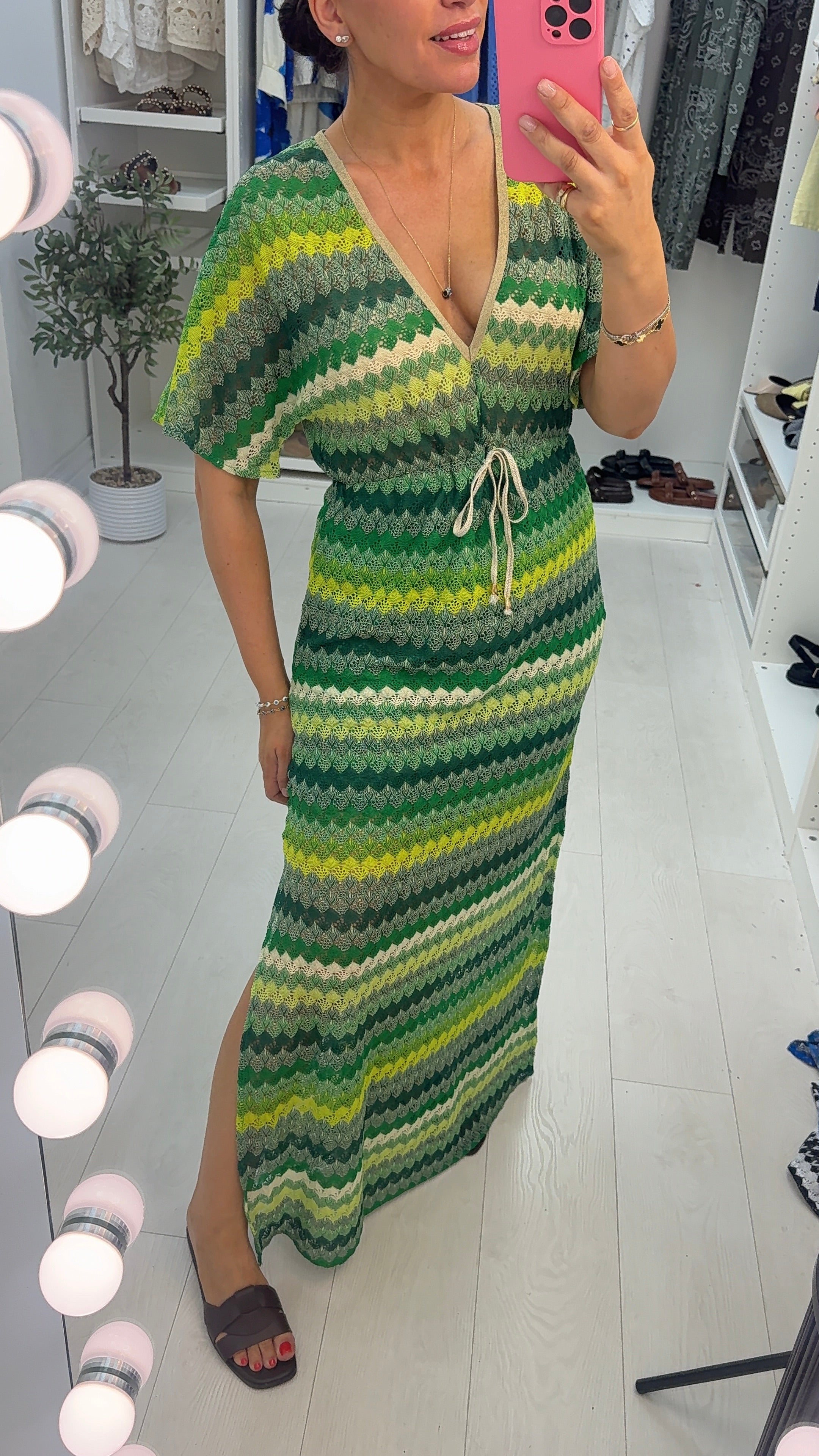 Yvonna V Neck Drawstring Waist Crochet Dress