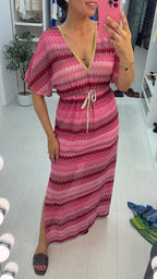 Yvonna V Neck Drawstring Waist Crochet Dress