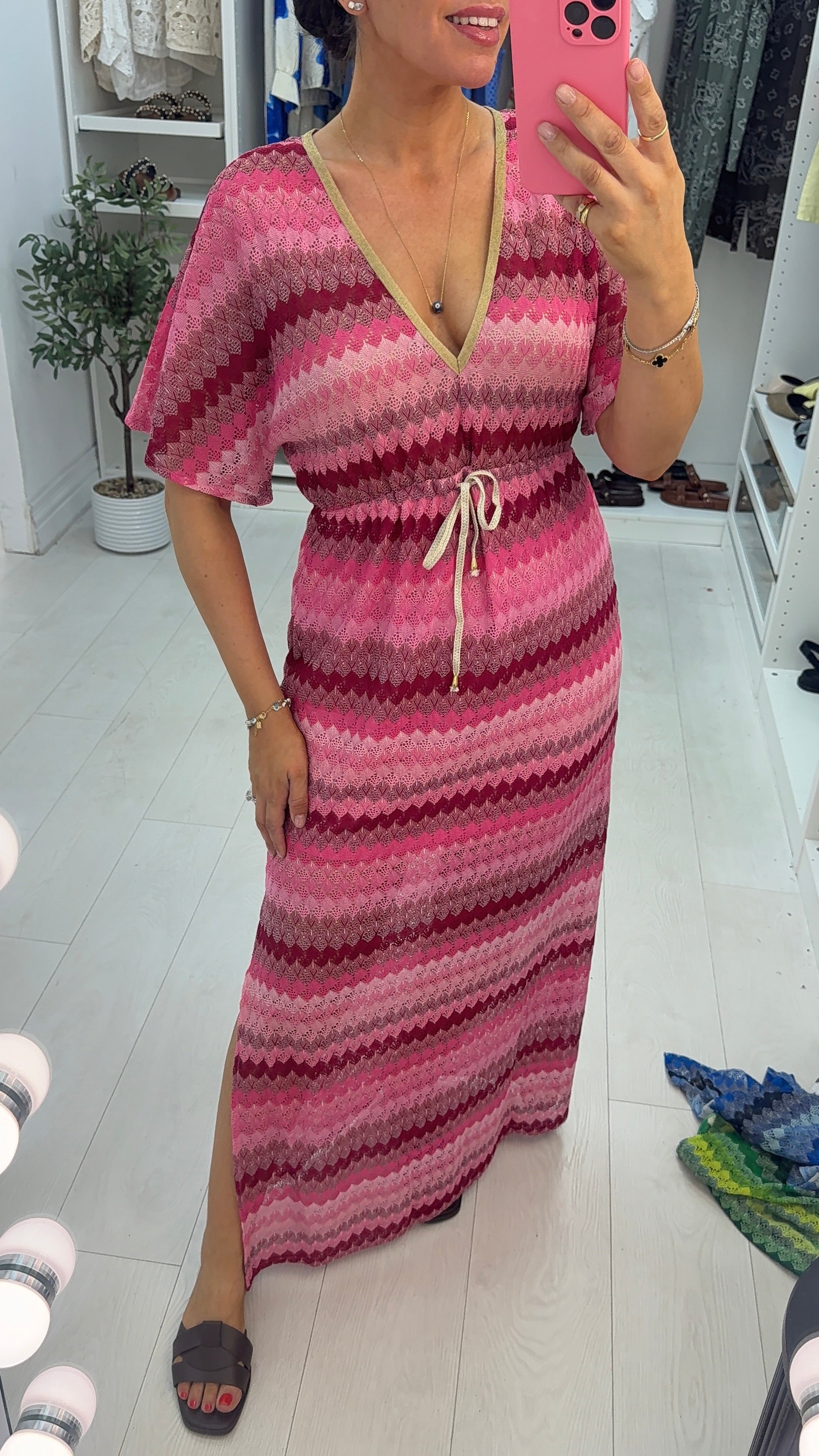 Yvonna V Neck Drawstring Waist Crochet Dress
