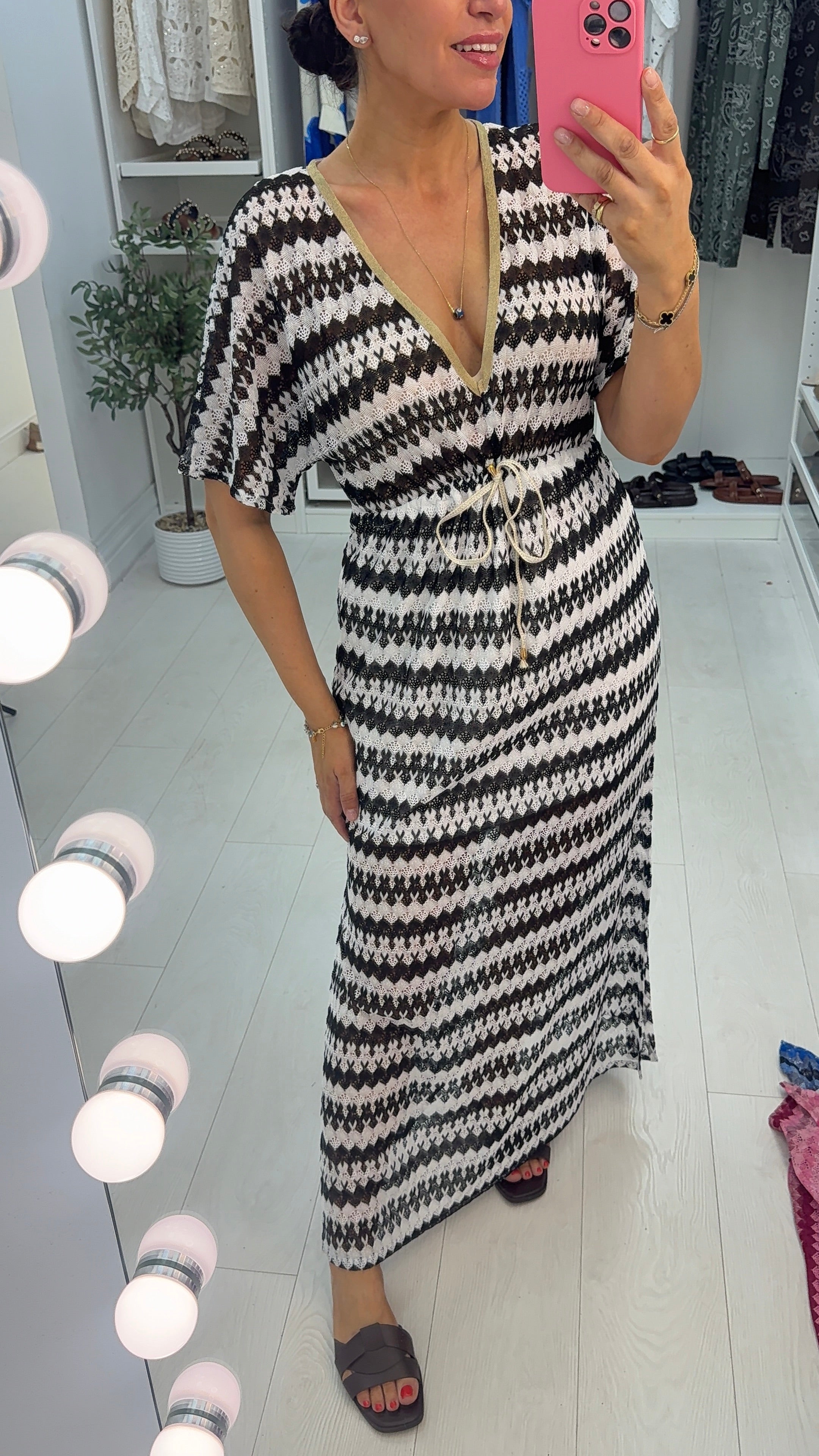 Yvonna V Neck Drawstring Waist Crochet Dress