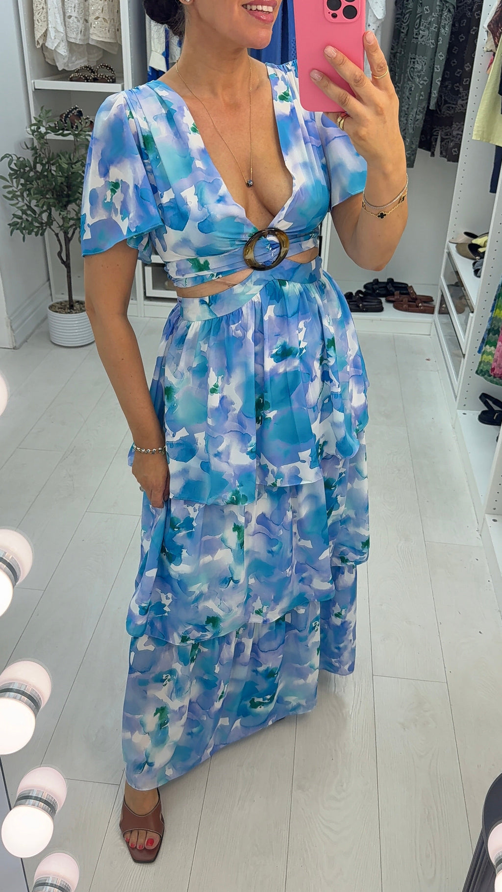 Belona Watercolour Print Deep V Neck Maxi Dress