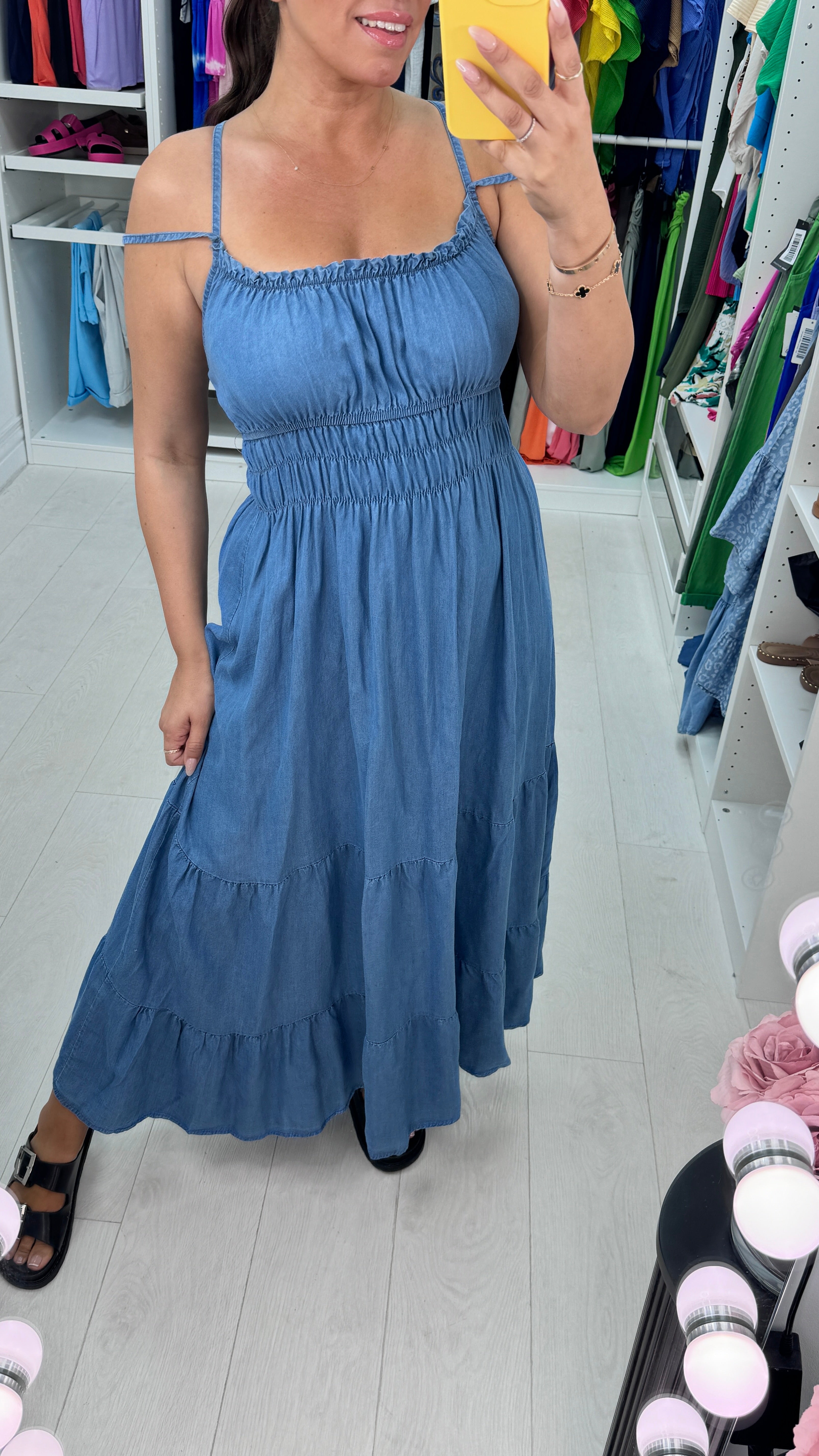 June Denim Strappy Smock Maxi Dress