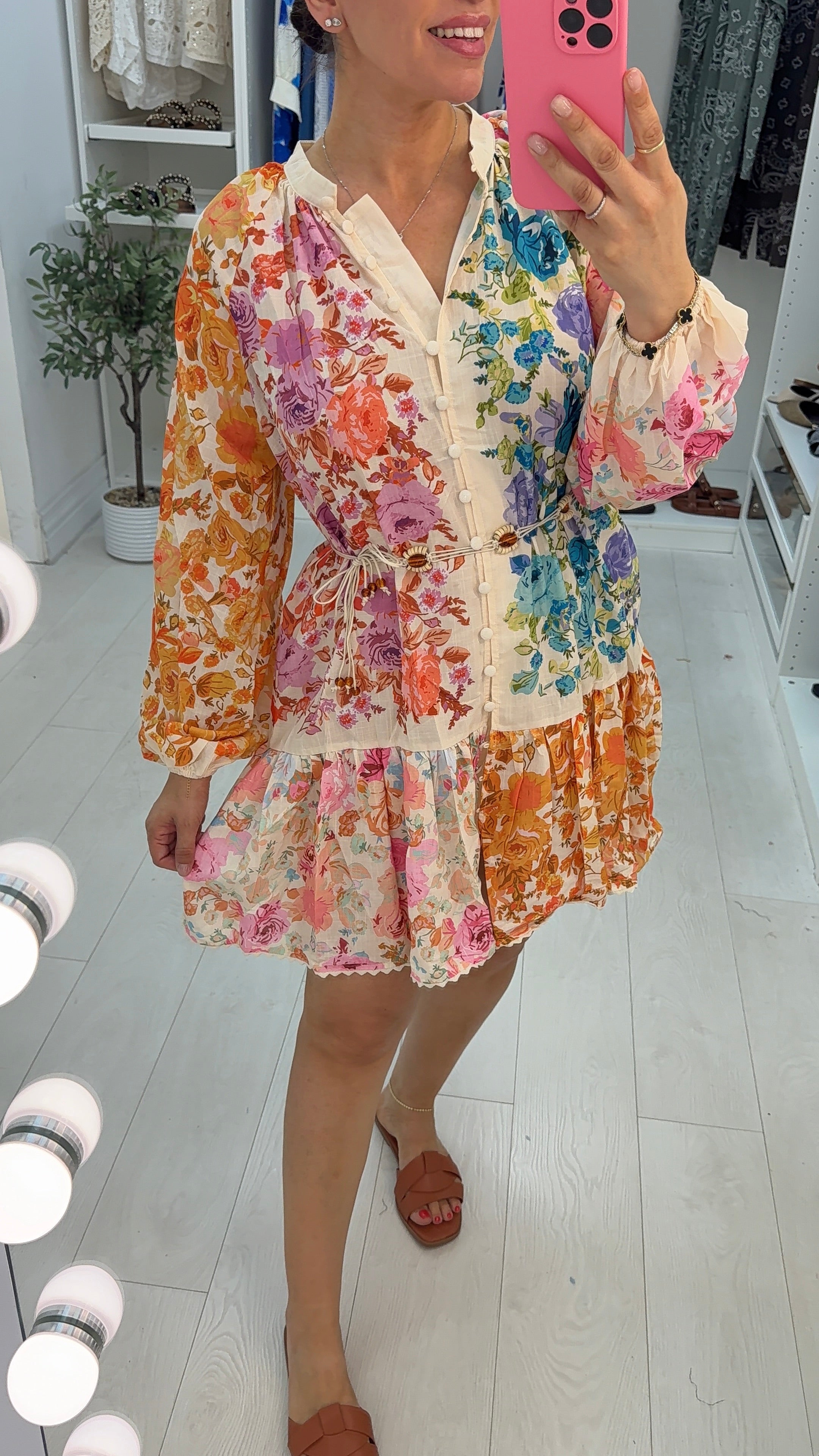 Galina Floral Print Belted Button Front Dress
