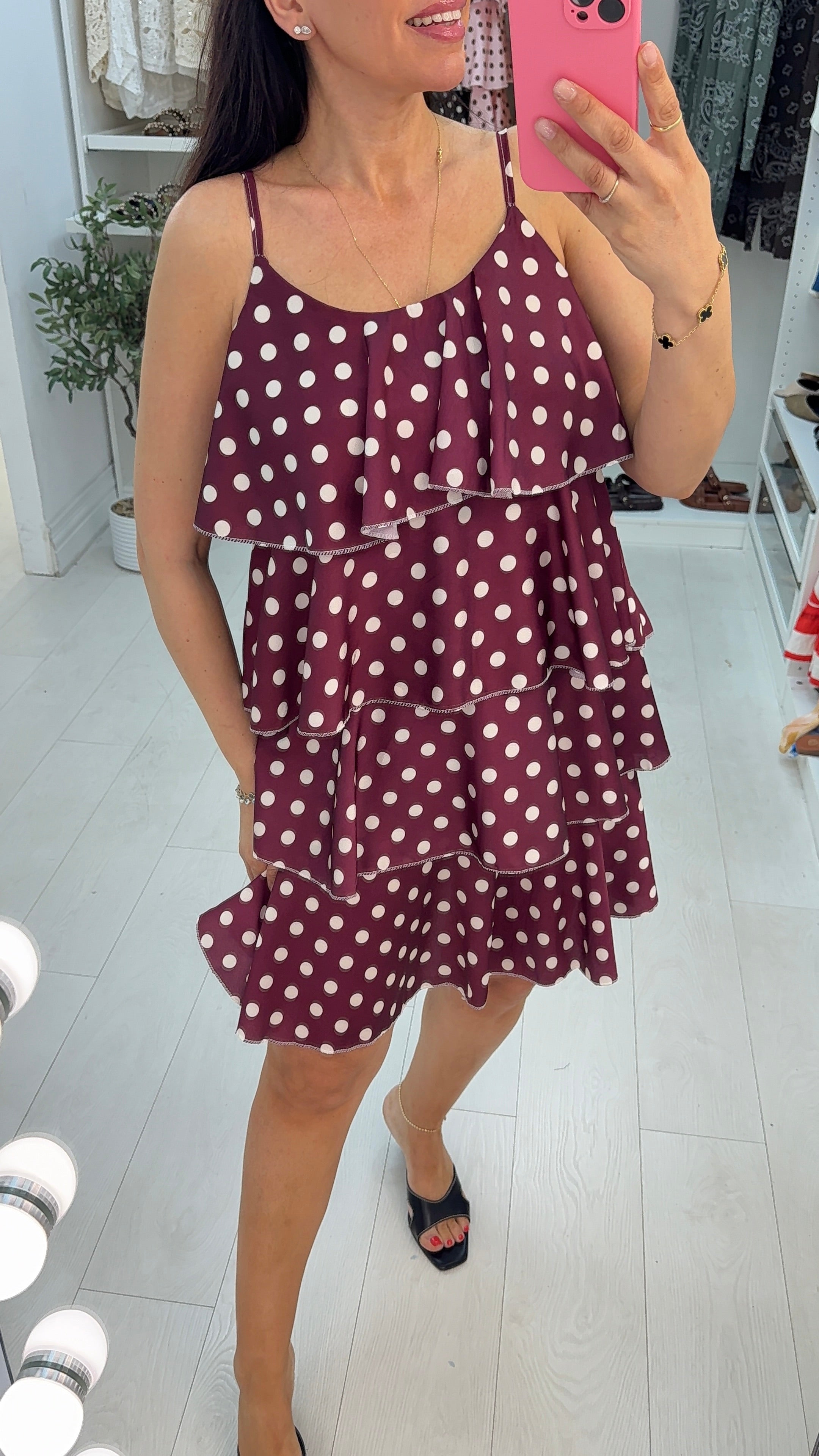 Amara Polka Dot Strappy Ruffle Dress
