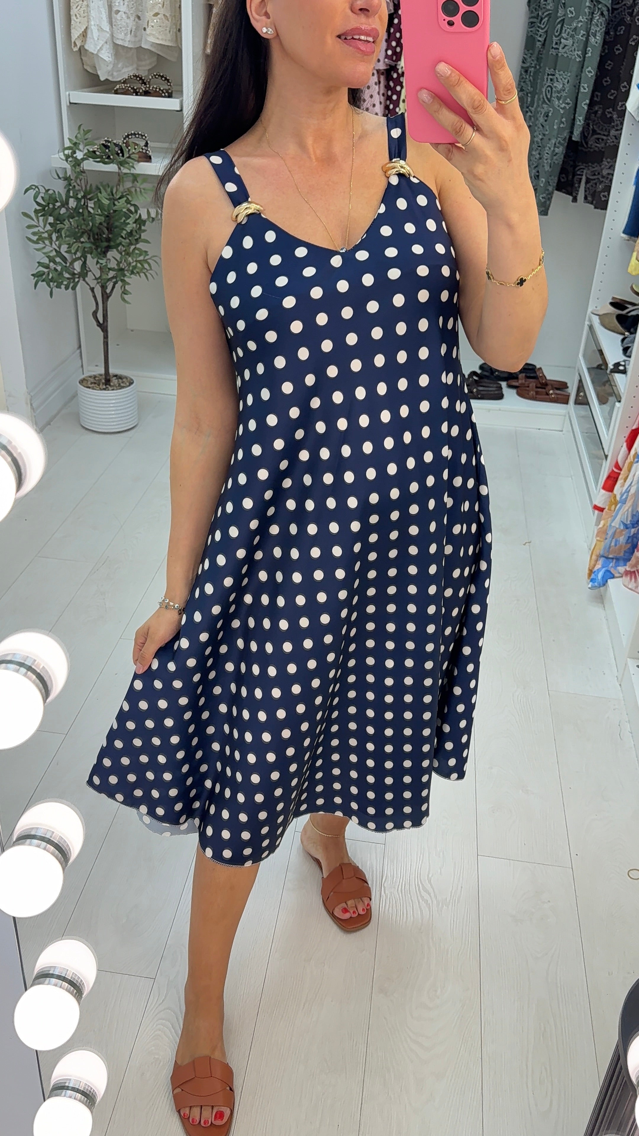 Brinley Polka Buckle Detail Midi Dress